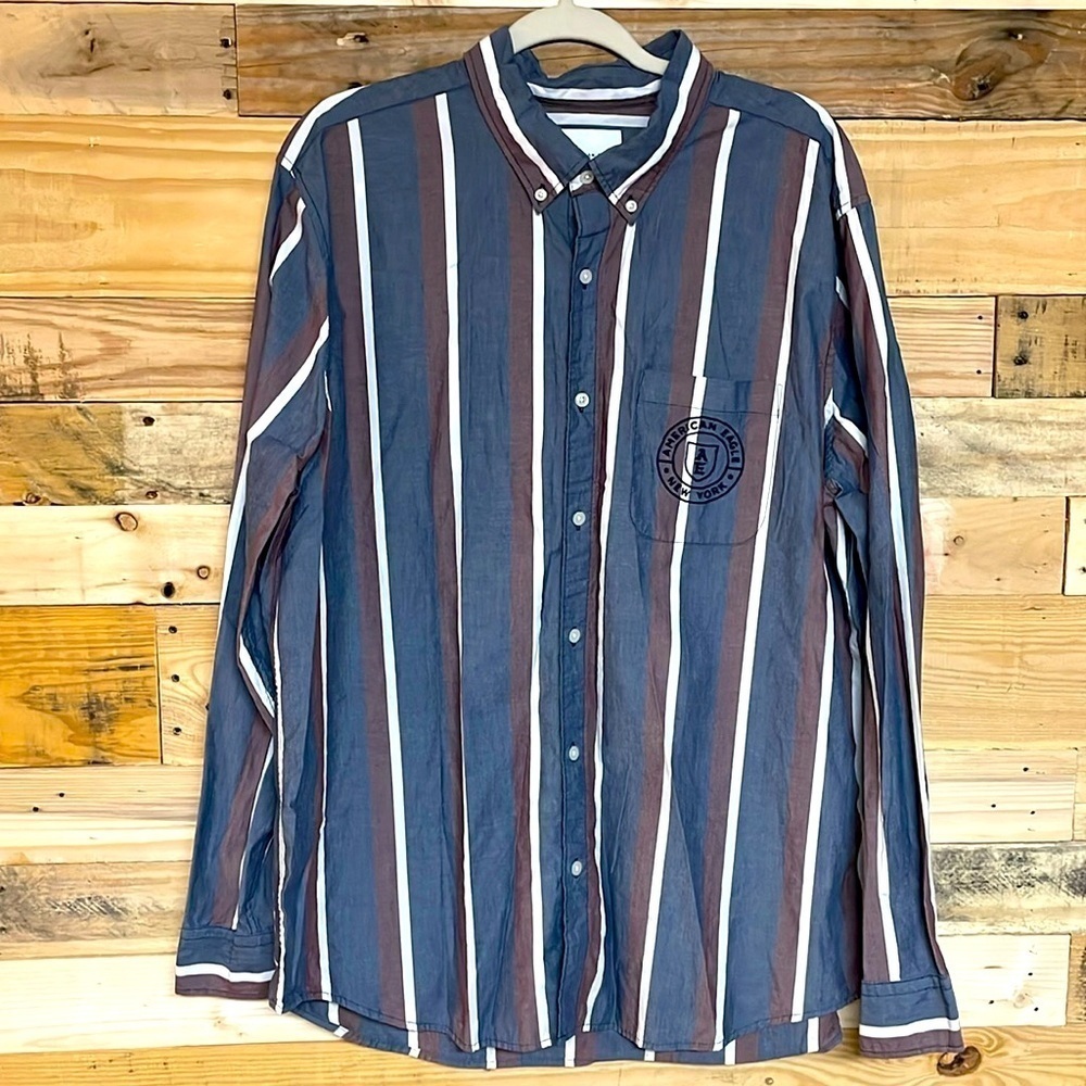 American Eagle size XXL blue,red, white strip long sleeve button down shirt
